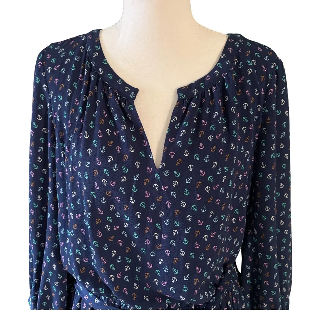 Talbots Navy Blue Henley Cinched Belted Waist Chiffon Nautical Dress Size 10 - Picture 4 of 12